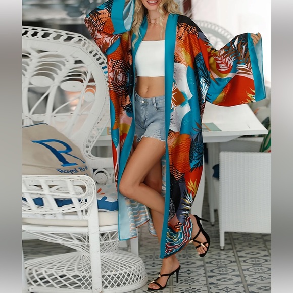 51Twenty Other - CAREER BLUE SUNRISE DUSTER LOUNGE RESORT WEAR DUSTER ROBE COVERUP KAFTAN KIMONO